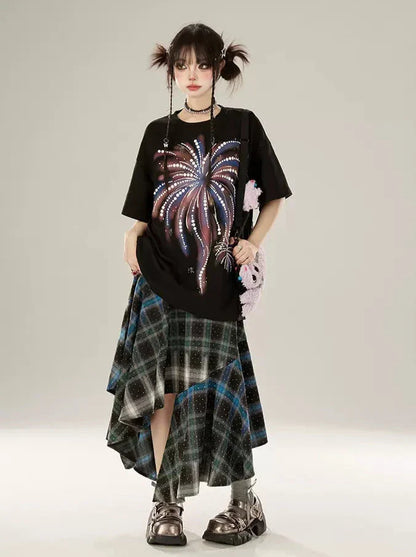 Loose T-shirt Fireworks Black Print