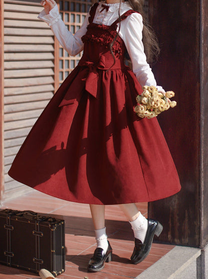 Poem Weave White Feather Dress Innershirt Rose Corsage + Ruffle Red Ruffle Retro Jacket Suspender Rose