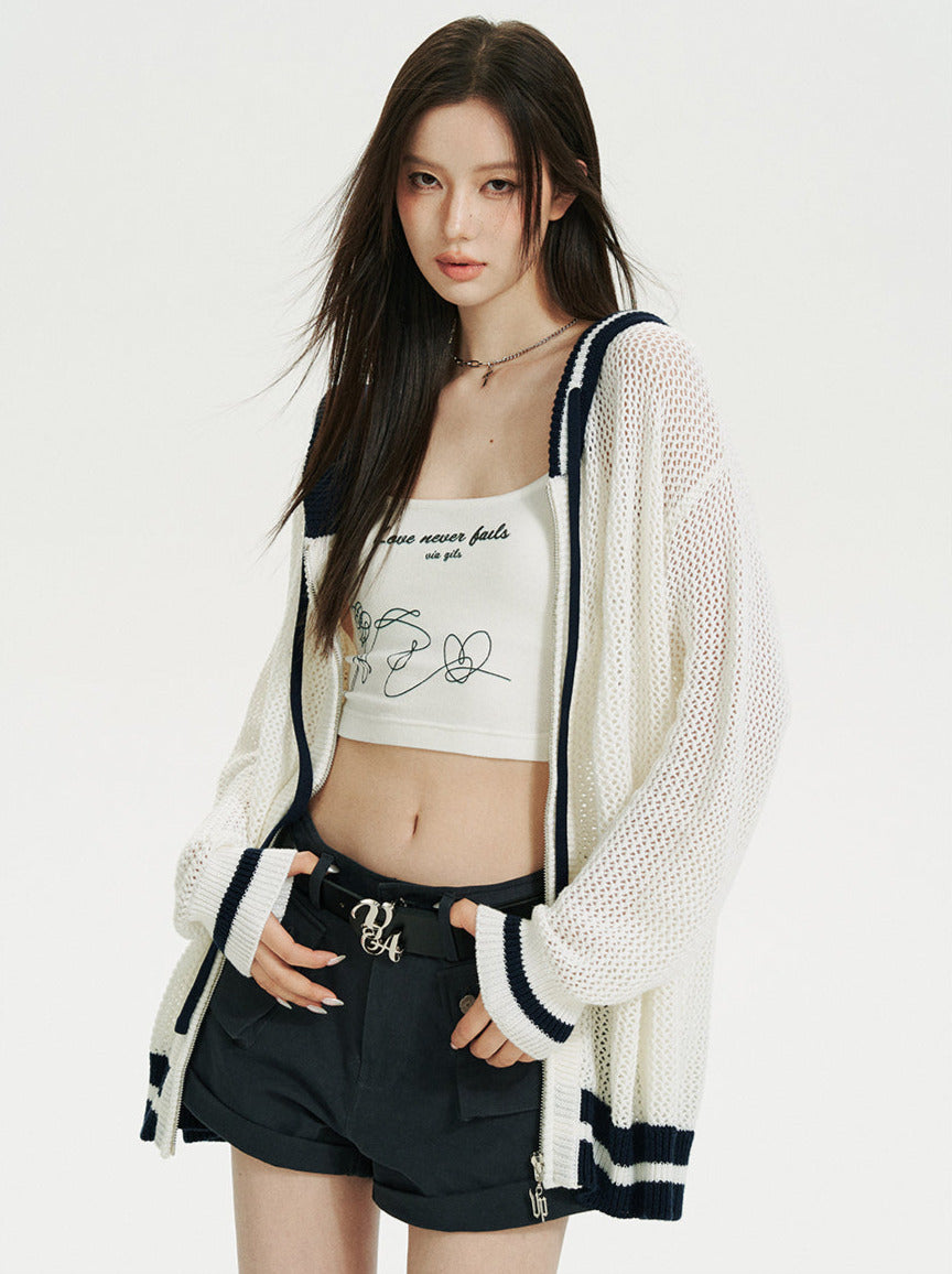 Kurzer/langer Hoodie aus transparentem Netzstrick mit Reißverschluss