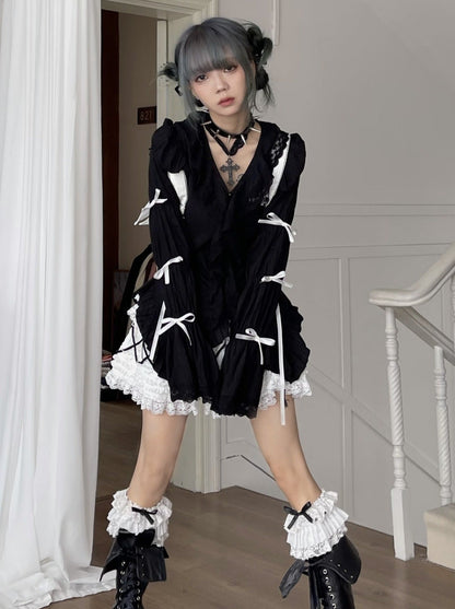 ウエストサブカルチャーパフシャツダークパターンリボンスリーブレース