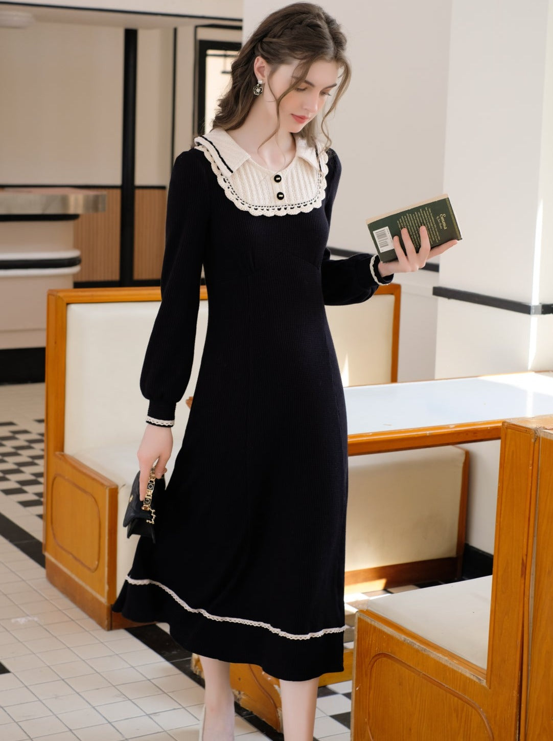 スプライシングブラックフレンチロングドレスラペルクイーンセレナーデニットクラシック