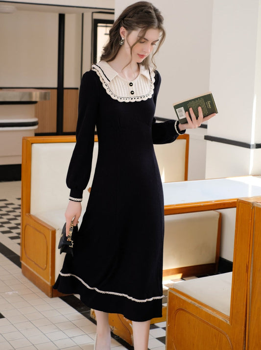 スプライシングブラックフレンチロングドレスラペルクイーンセレナーデニットクラシック