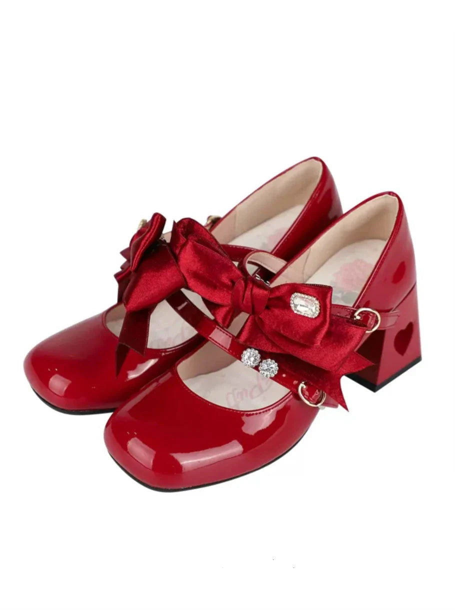 High Ribbon Heart Heel Shoes Ribbon Open Lolita Jewel