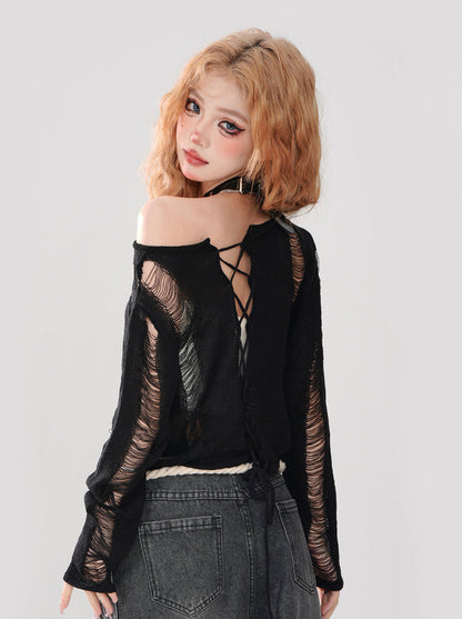 Kurzes Top zerrissen + gestrickt Off-Shoulder Schnürtop Rückenschlauch