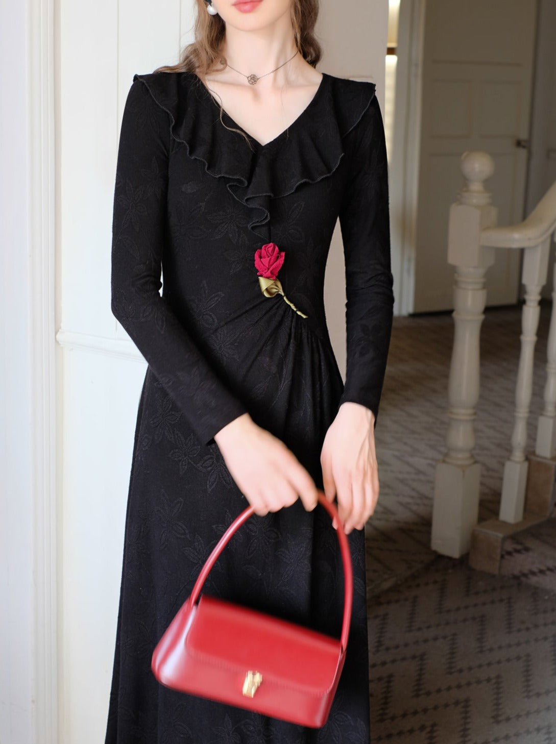 Rose Dress Chic Long Retro Dark Night