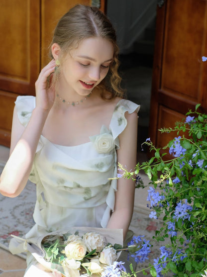 スカートトップ グリーン キャミソール フラワー シアー + シフォン