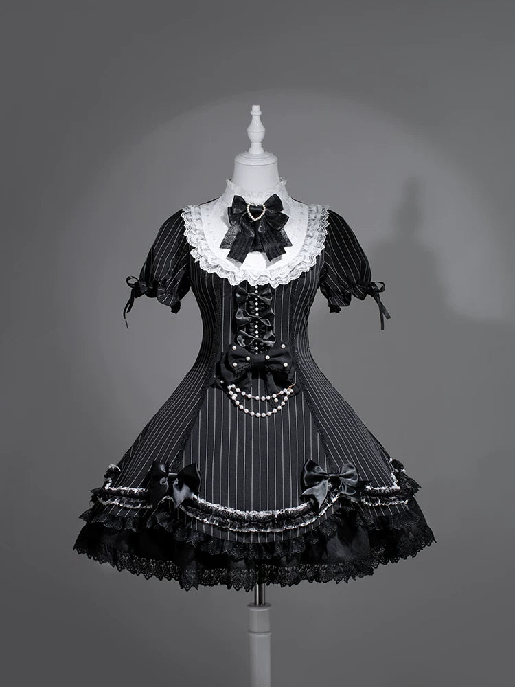 Black Shamrock Gothic Lace High Collar Striped Waist Dress