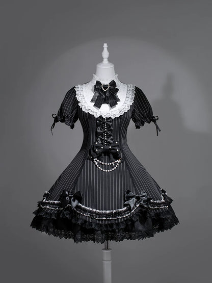 Black Shamrock Gothic Lace High Collar Striped Waist Dress