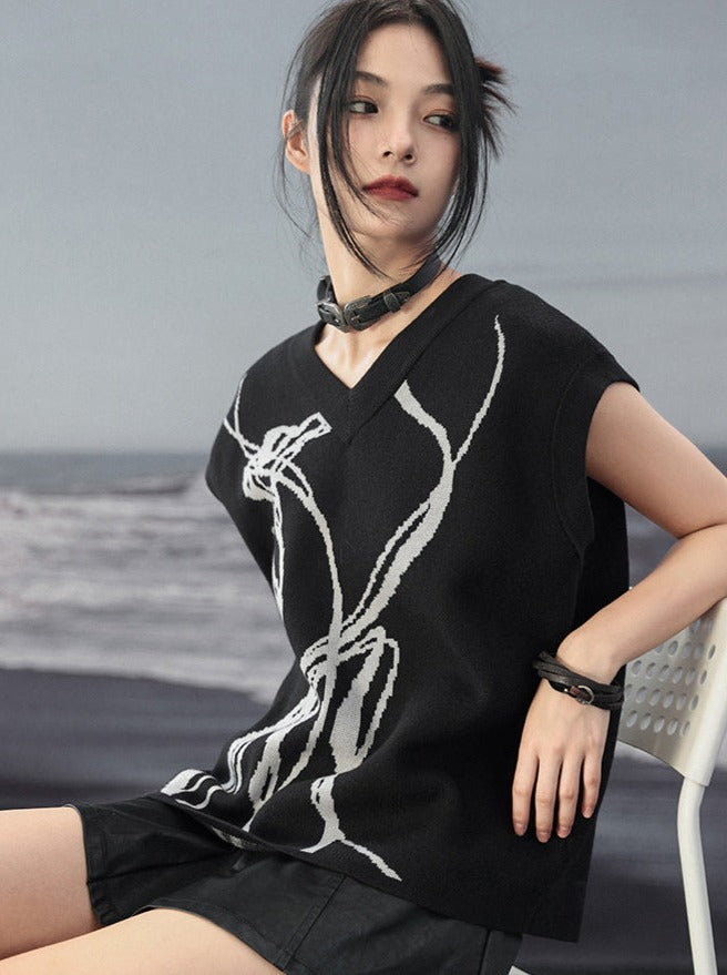 Knit Vest Flower Loose Contrast