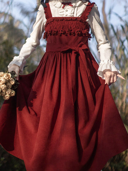 Rose Weave Suspender + Innershirt Feather + White Dress Poem Corsage + Red Ruffle Ruffle Retro Rose Jacket