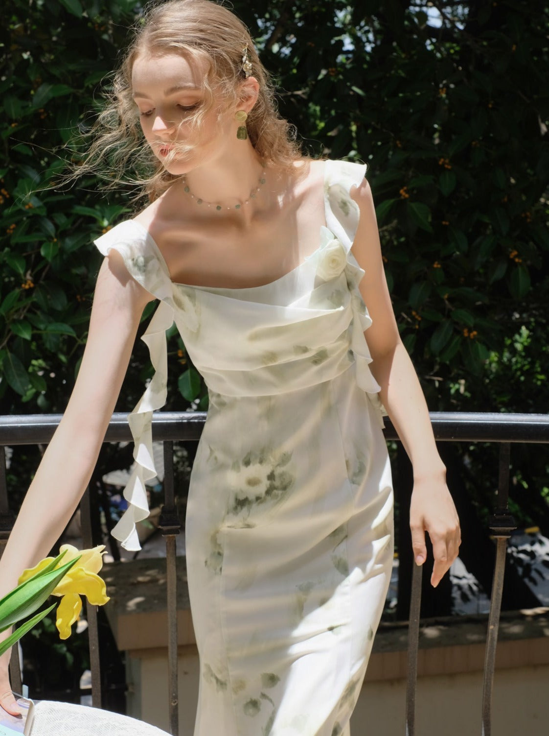 スカートトップ グリーン キャミソール フラワー シアー + シフォン