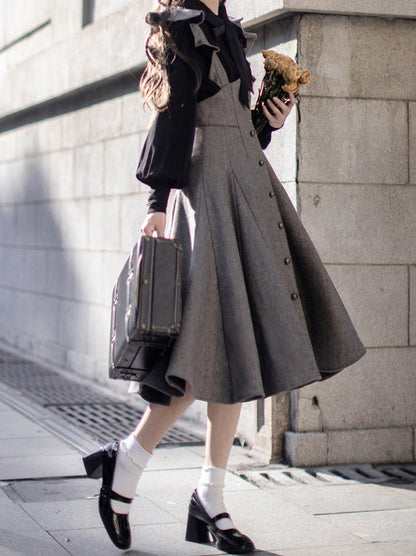 Sleeve Skirt Shoulder + Retro Suspender Black Ruffle Shirt Ribbon Elegant Volume