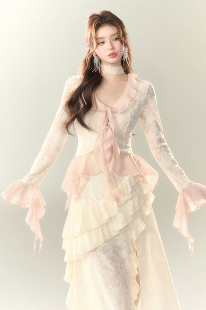 トップス スイート + ロングスカート シアー フリル