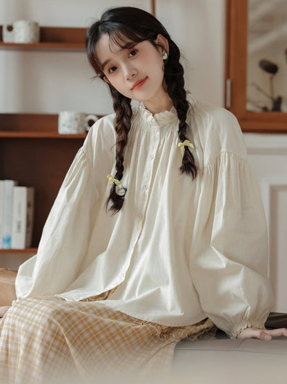 シャツネックハイリネンランタンスリーブ