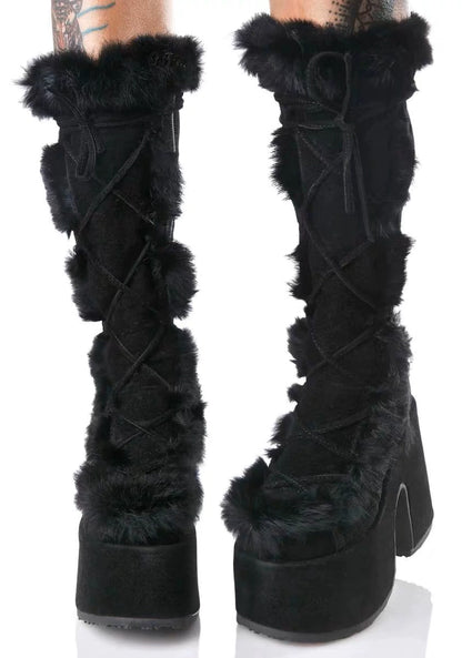 34-46 Y2K Snow Pu Fur Lace-up Thick Heel High Goth Platform Boots