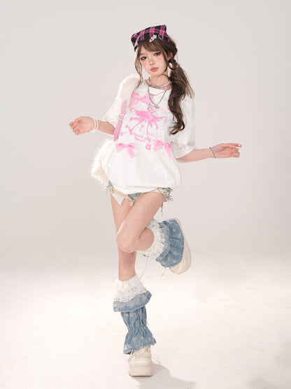 Tシャツ ストリート ラウンドプリント リボン アメリカン デコ ネック ルーズ