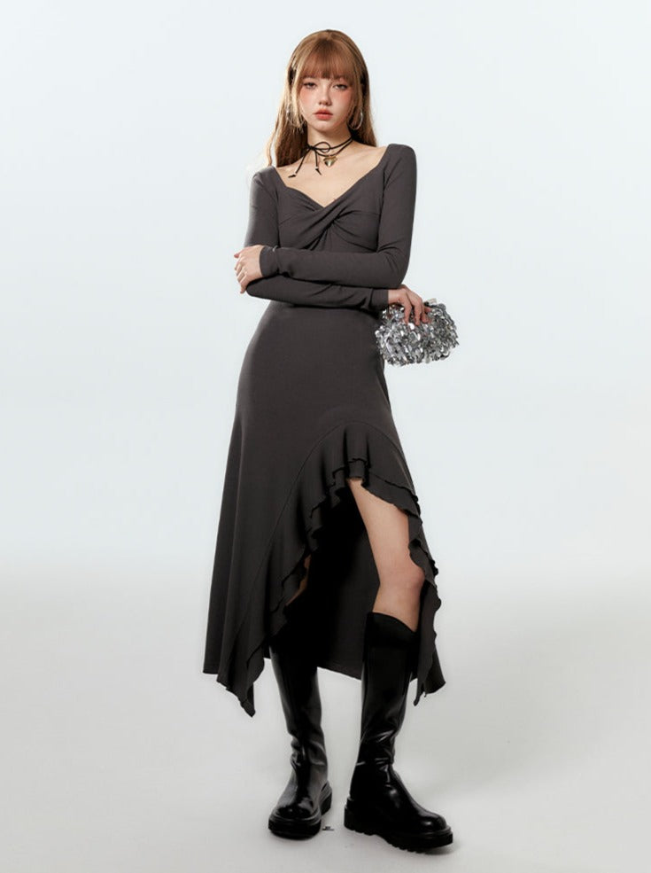 Kleid Lang Rüschen Asymmetrisch Schlitz Mode