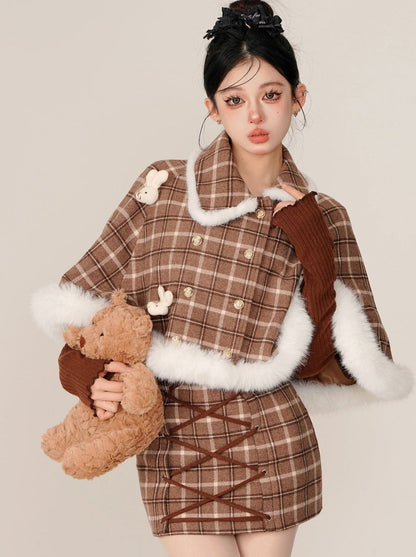 チェックラビットファーマント＋タイトレースアップサスペンダースカート