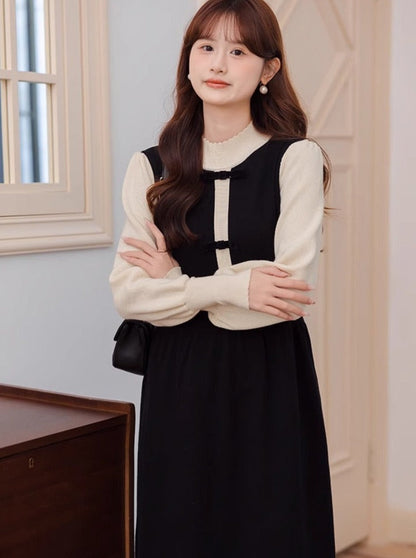 Stück Kragen Hohe Kleid Halb Zwei Kontrast Faux