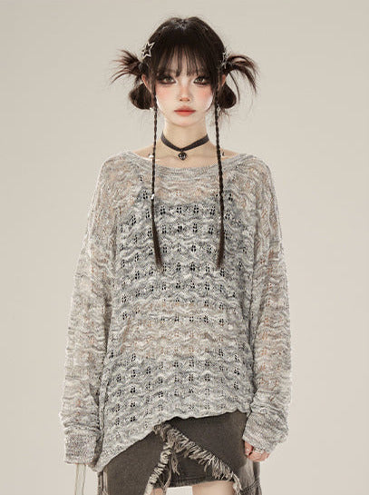 襟付きプルオーバーニット日焼け止めシースルーソールルーズ