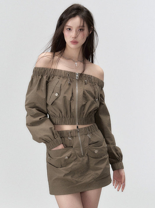 モードなオフショルダートップス＋ダブルポケットスカート