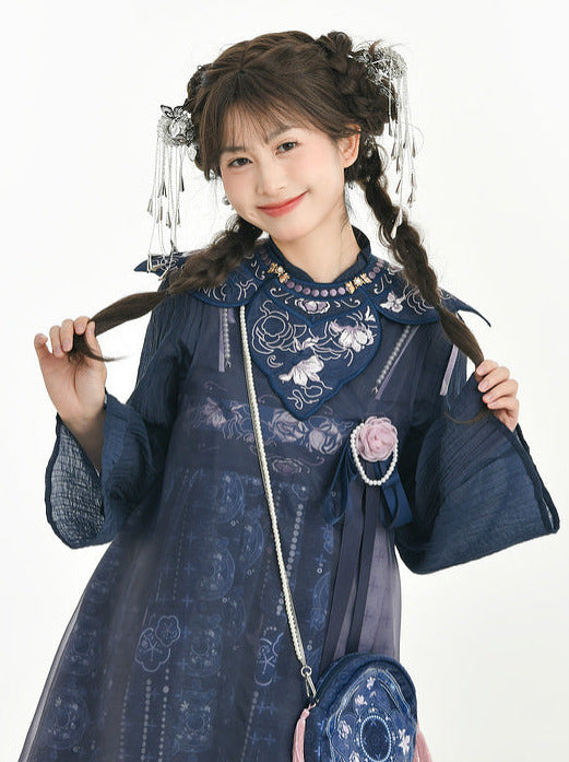 Bell-sleeved Shirt + Shoulder Tulle Bag Skirt Layered Set-up Ribbon Dress Chinese