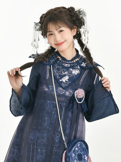 Bell-sleeved Shirt + Shoulder Tulle Bag Skirt Layered Set-up Ribbon Dress Chinese