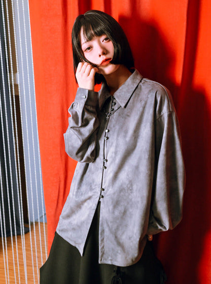 プリントスエードチャイナドラゴンシャツレトロ