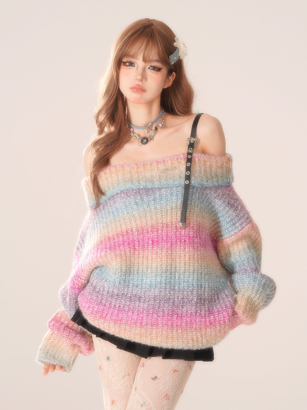 Off-Shoulder-Bordüren-Top Bunt