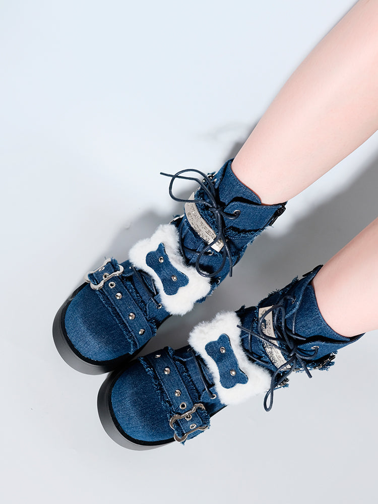 Bone Short Denim Toe Round Small Boots Platform