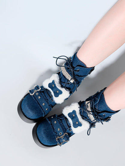 Bone Short Denim Toe Round Small Boots Platform
