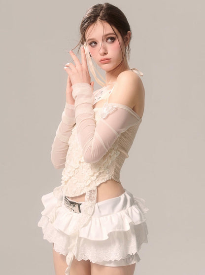 パールリボンスカート ホワイトフレンチパンツ レースフレア ホワイトアイ