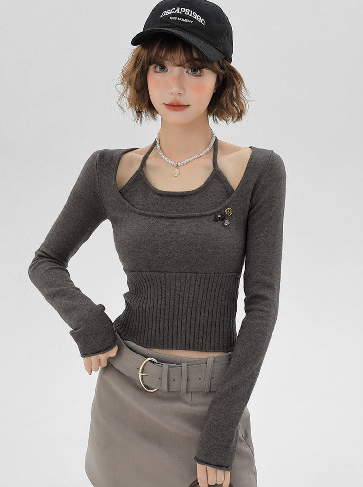 Top Halter Neck Slim Knit Piece Faux Ribbon Two