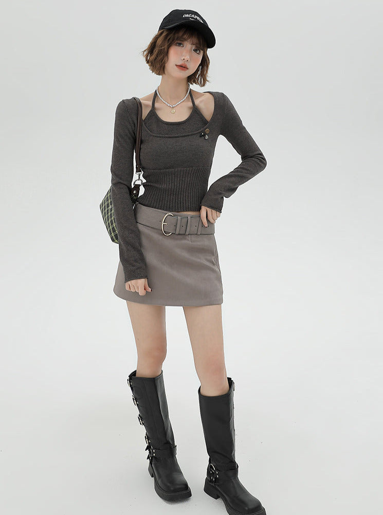 Top Halter Neck Slim Knit Piece Faux Ribbon Two