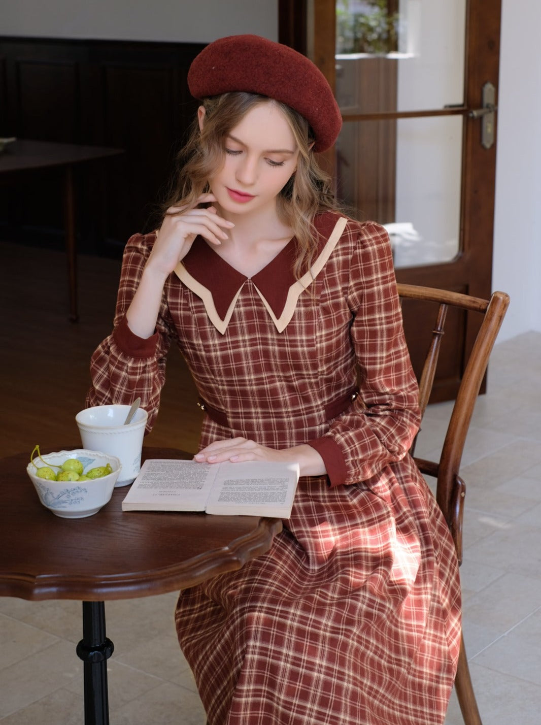 チェックドレス ラテ バタフライ レトロ ブラック ティーカラー フレンチ