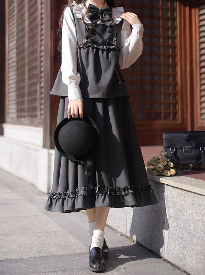 フリル風チェックスカート フリルスーツ+リボン ホワイトカレッジオリジナルシャツ フリル+ベスト