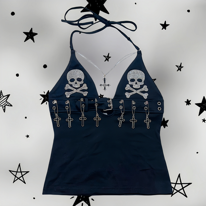 Y2K Punk Gothic Neck Skull Cross Strap Top