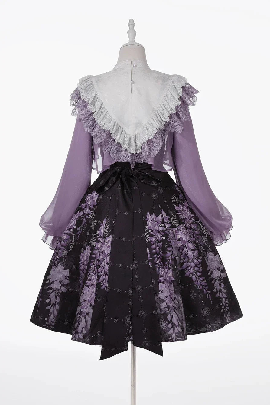 Chinese Lolita Moonlit Wisteria Purple JSK Dress + Swallow Embroidery Lace Tassel Crop Top Set