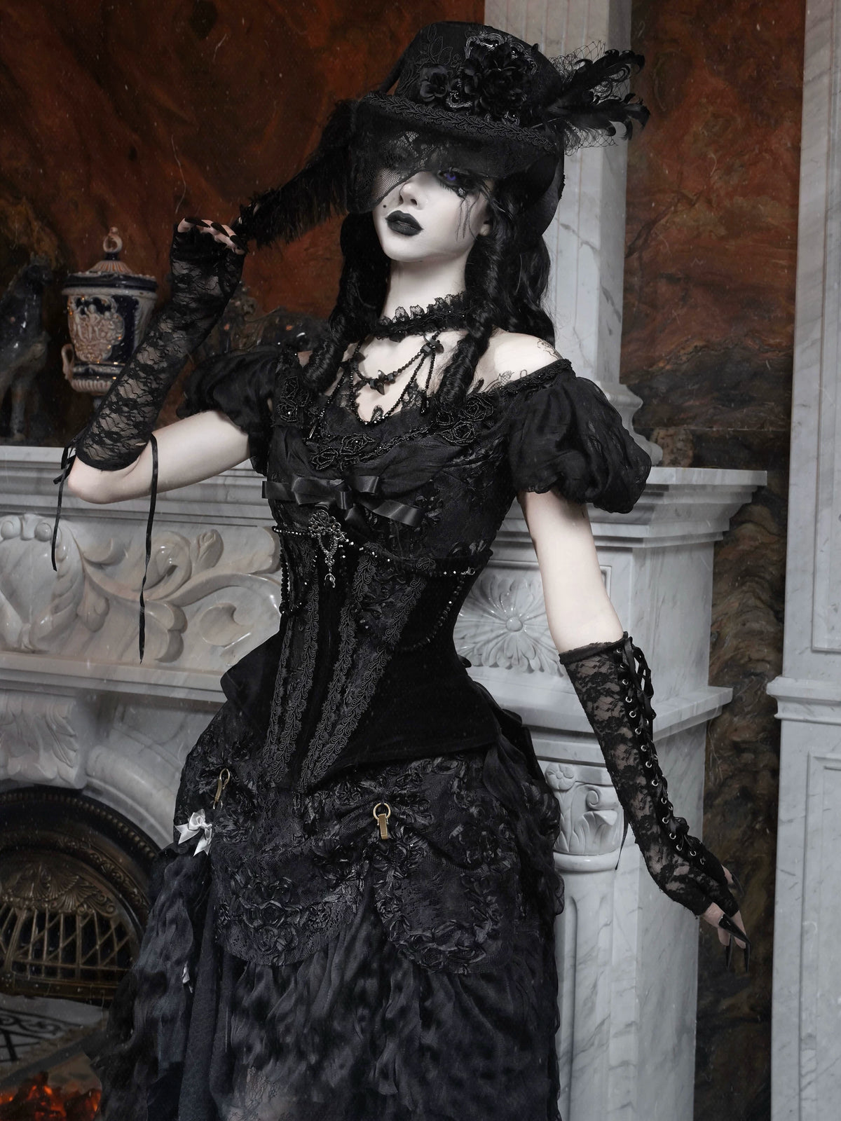 Edward black lace top, angled styled view by Blood Supply