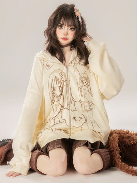 Zip Loose Print Hoodie Girls'