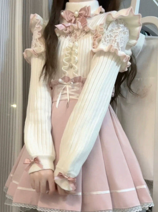 タートルネックレースフリルリボンニット+ナイトウエストレースアップスカート