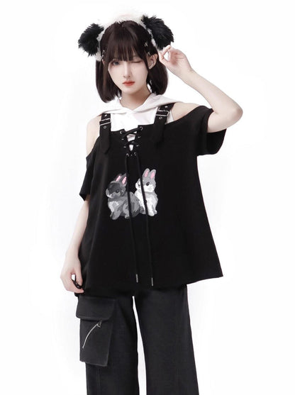 Summer Design Straps Pants Rabbit Off-Shoulder Black White Hoodie Tops Suit