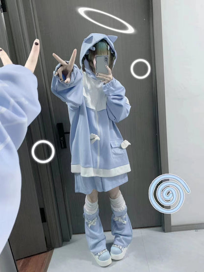 Hoodie Ear Three Piece Aqua Neighborhood Cat Loose Angel Set