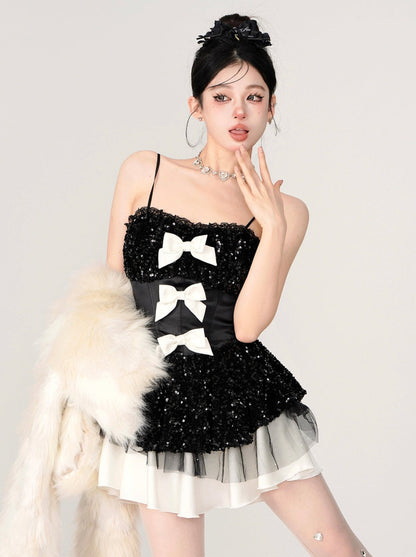 Sequined Flare Triple-ribbon Camisole Dress