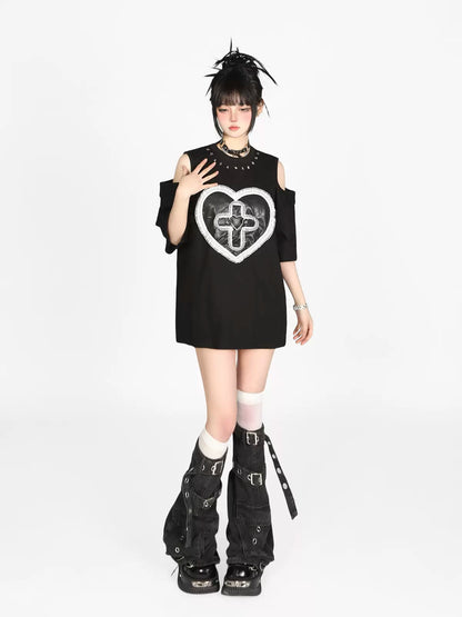 Shoulder Cross Love Street Off T-Shirt Lace Rivet