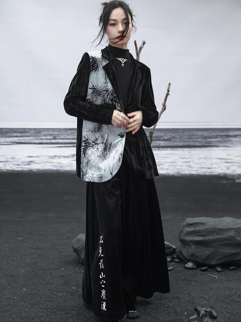 中国プリントジャケット コントラスト竹ベルベットカラースプライシング