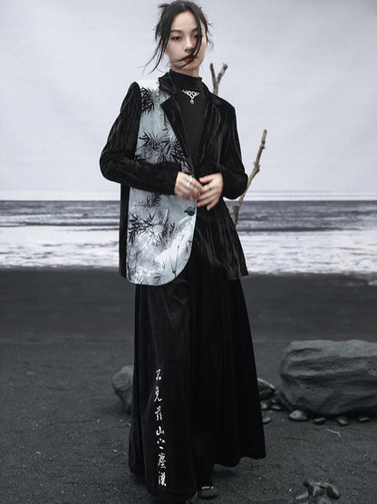 中国プリントジャケット コントラスト竹ベルベットカラースプライシング