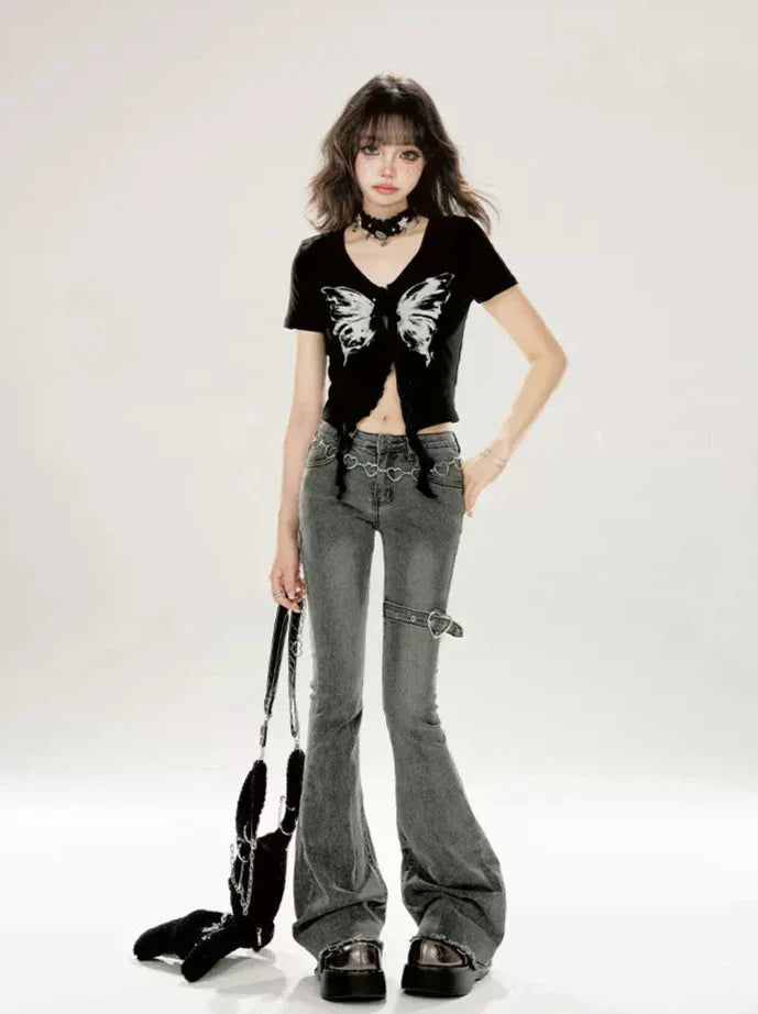 Kurzes schwarzes Top Butterfly Slim