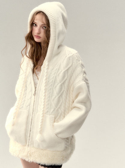 Kapuzenpullover mit Zopfmuster und Reißverschluss