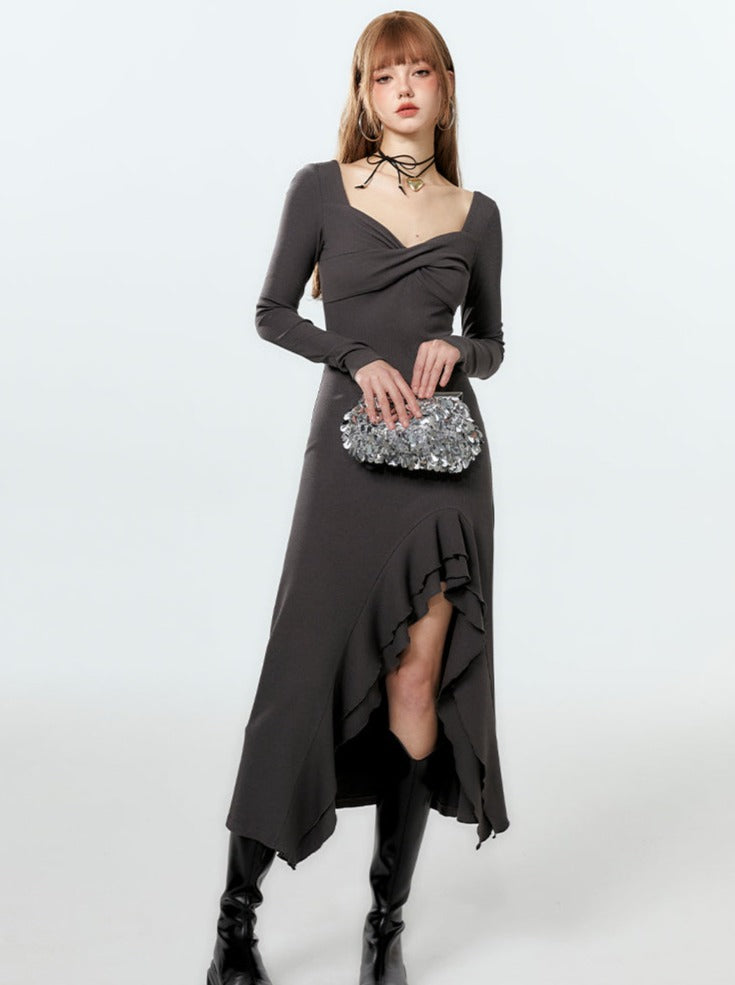 Kleid Lang Rüschen Asymmetrisch Schlitz Mode